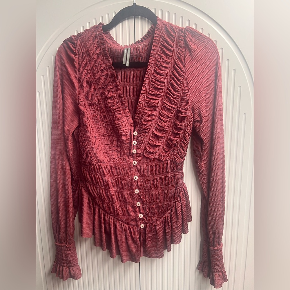 Anthropologie pink  Ruffled Button-Up Blouse. New!